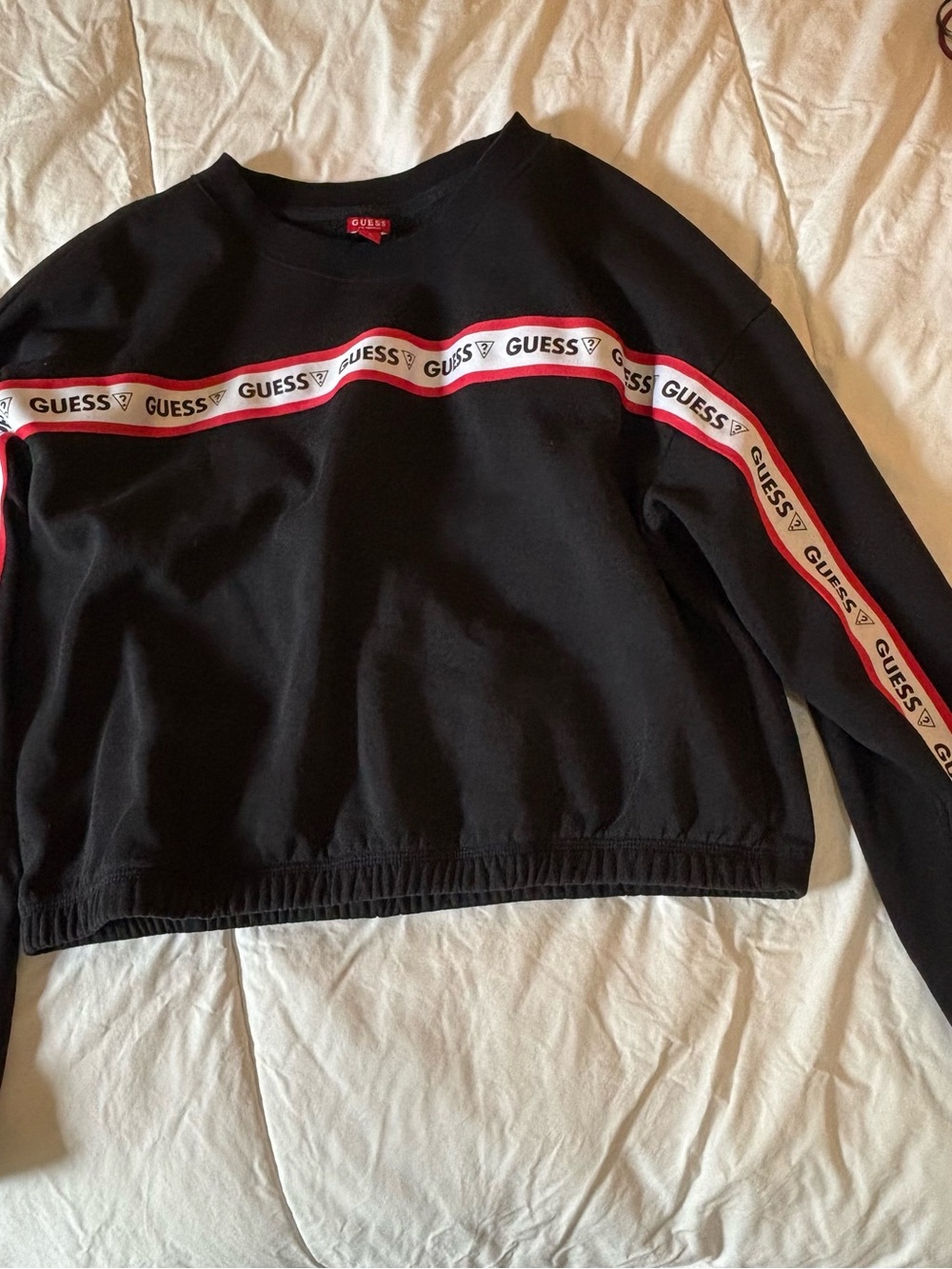 Guess Black Cropped Sweatshirt with Red & White Logo Tape - Picture 7 of 9